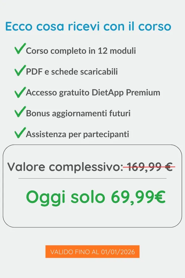 Recap offerta del corso: contenuti inclusi, valore complessivo 169,99 € barrato, oggi solo 69,99 €