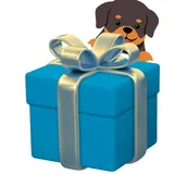 Illustrazione di un cane stilizzato con un pacco regalo azzurro